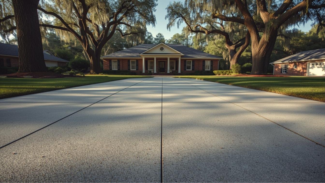 A wide new concrete driveway under live oaks at a brick home near Columbus, Georgia